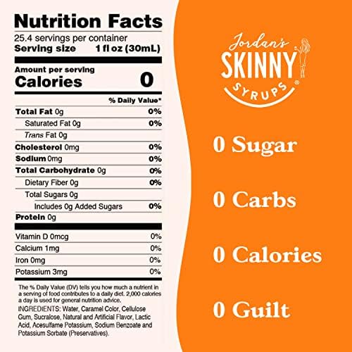 JORDAN’S SKINNY SYRUPS SUGAR FREE COFFEE SYRUP, CARAMEL FLAVOR DRINK MIX, ZERO CALORIE FLAVORING FOR CHAI LATTE, PROTEIN SHAKE, FOOD, GLUTEN FREE, KETO FRIENDLY, 25.4 FL OZ, 1 PACK