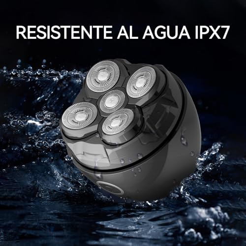 Afeitadora Cabeza Hombre, Maquina Afeitar Cabeza Magnético 5D Cabezales Flotantes Afeitadora Cabeza Uso Seco y Húmedo IPX7 Impermeable 120 Mins de Uso Usb-C Recargable