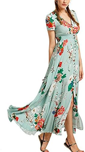 Gzbinz Women's Summer Beach Button up Split Long Floral Casual Vintage Maxi Dress