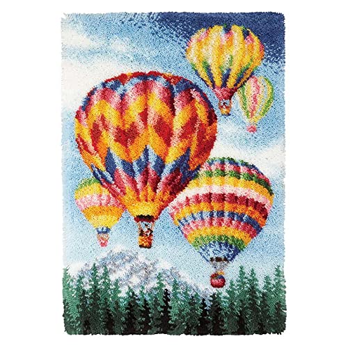 ROCKY&CHAO Latch Hook Rug Kit DIY Rug Making Kit for Adults, Hot Air Balloon Rug Making Kits Cross Stitch Kit Carpet Making Cushion Needlework for Beginners Home Decor, Hot Air Balloon 60x40 cm