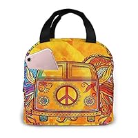 Hippie Vintage Car A Mini Van With Peace Sign Lunch Tote Bag Insulated Cooler Thermal Reusable Lunch Box Handbag For Men Women School Work Travel