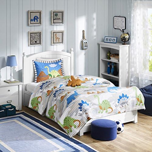 Prehistoric Kids Blue, Green & Orange Dinosaurs Boys Full/Queen Quilt, Shams & Toss Pillow