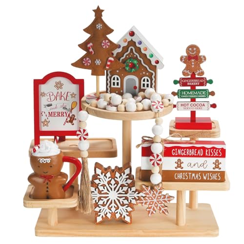 Gingerbread Christmas Decorations 8 PCS Tiered Tray Decor Set, Cute Tabletop Christmas Decor for Home Shelf Mantel Fireplace Office Desk Coffee Bar Xmas Table Centerpieces Tray Objects Holiday Baking