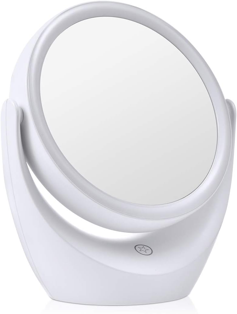Tememdy LED Lighted Makeup Vanity Mirror Rechargeable, Double Sided Magnifying Makeup Mirror, 1x/5x Magnification 360 Degree Swivel with Dimmable Touch Screen