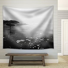 a Man with Surf Board Standing at Beach in Black and White - Fabric Wall Tapestry Home Decor - 51x60 inches