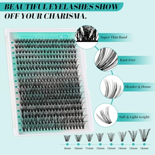 Lash Clusters Kit, 320PCS DIY Lash Extensions 40D, 9-16mm Mixed Length | 320PCS Lash Clusters Kit, 9-16mm mixed lengths, with bond, seal, remover and applicator for natural, wispy or volume looks.