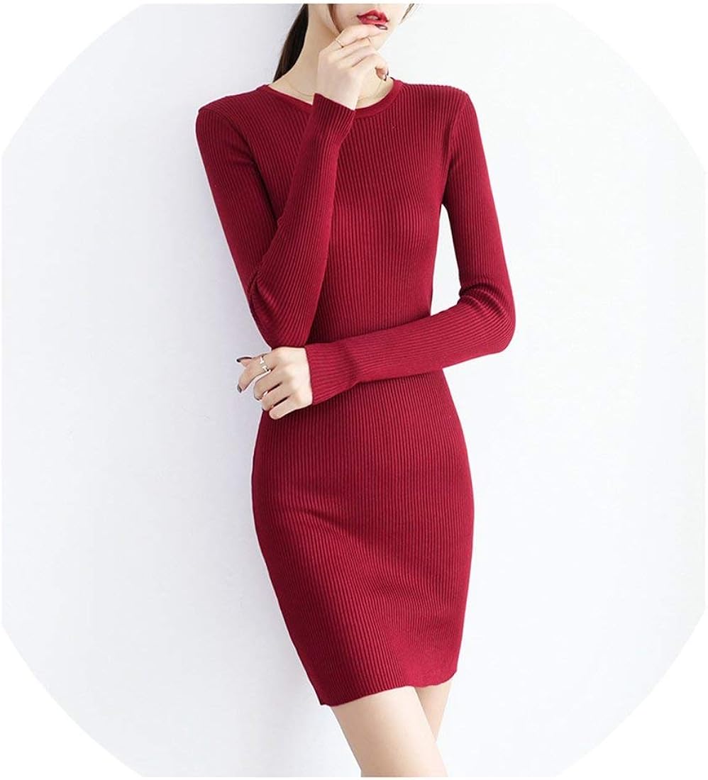 SharVell Women Dresses O Neck Sheath Party Dress Knitted Mid Calf Spring Sweater Full Sleeve 