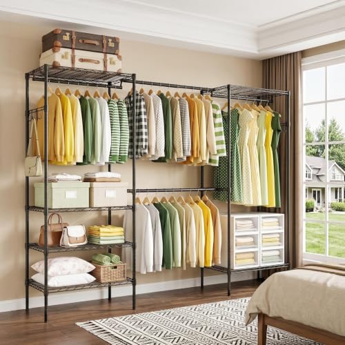 UEAKPIC Heavy Duty Garment Clothes Rack Wire Load-bearing 1000LBS-Black | Adjustable Freestanding Expandable Clothing Rack 4 Tier with 4 Hanging Rods, 15.7"Dx(70.9"-90.6")Wx76.8"H for Bedroom Laundry