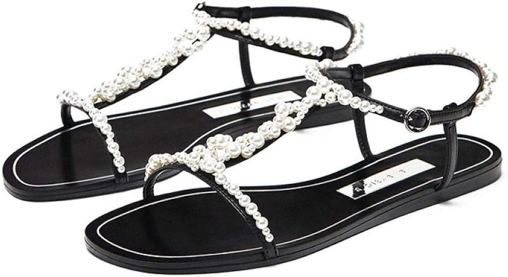 Amazon.com | ChyJoey Women's Pearl Beaded Flat Sandals Metal Buckle Strap Slip On Nonslip 