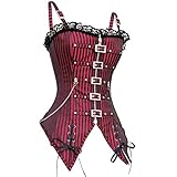 Miss Moly Steampunk Overbust Boned Corset Straps Striped Zipper Front Top Dark Red M