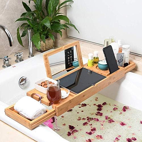 Rubik Bath Tray with Mirror, Bamboo Bathtub Tray Caddy with Extending