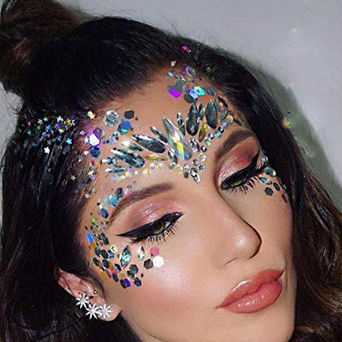 Face Gems, Ynredee 2 Set Women Mermaid Rave Festival Glitter, Rhinestone Temporary Tattoo Face Jewels Crystals Face Stickers Eyebrow Face Body Jewelry (breast and face 1)