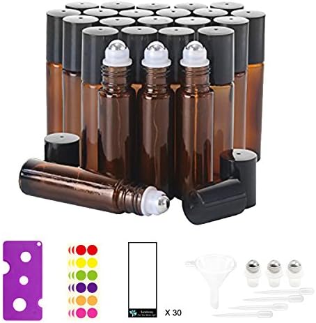 24, 10 ml Glass Roller Bottles for Essential Oils - Amber, with Stainless Steel Roller Balls (3 Extra Roller Balls, 30 Rectangle & 36 Round Labels, Opener, Funnel, Dropper Included by Sunshinny)