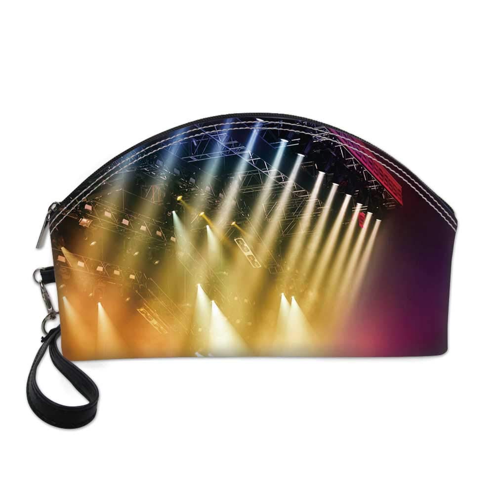 Musical Theatre Home Decor Small Portable Cosmetic Bag,Colorful Rays Concert Dance Music Staging Technology Smoky Night For Women,Half Moon Shell Shape One size
