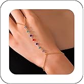 Xduargs Boho Rainbow Bead Finger Ring Bracelet Gold Small Beads Hand Harness Chain Bracelet Vintage Colorful Beads Chain Bracelet Adjustable Slave Chain Bracelet Jewelry for Women