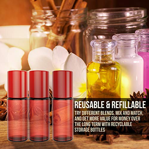 Essential Oil Roller Bottles [Plastic Roller Ball] FREE Plastic Pippette and Funnel - Refillable Glass Color Roll On for Fragrance Essential Oil - 30ml 1 oz (8 PACK, RED) - Thumbnail 2