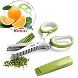 JesitaGear Herb Scissors Stainless Steel Multipurpose Kitchen Shear 5 Blades Cover With Cleaning Comb + Orange Opener Peeler Slicer Cutter Plastic Lemon Citrus Fruit Skin Remover (Style 1)
