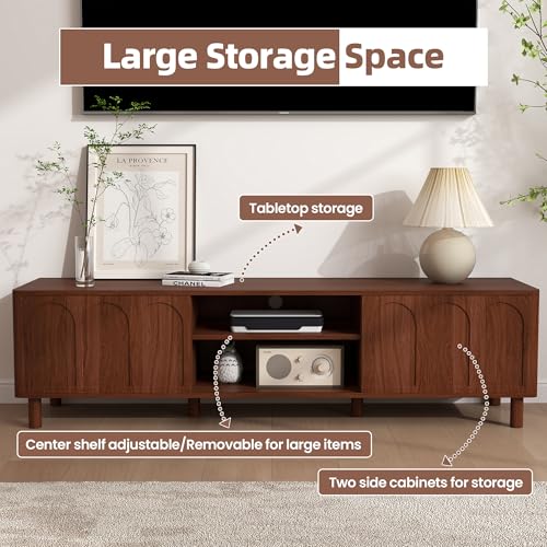 TV Stand for TVs up to 70'', Entertainment Center with Large Storage for Living Room, Media Console with Sliding Doors and Adjustable Shelves, Modern TV Cabinet for Game Consoles and Decor(Walnut)