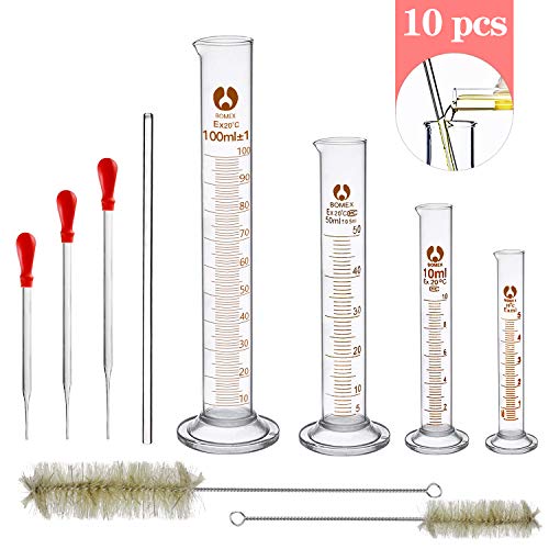 Glass Graduated Cylinder Set 5ml 10ml 50ml 100ml Measuring Cylinder with 3 Droppers, Glass Rod and 2 Brushes