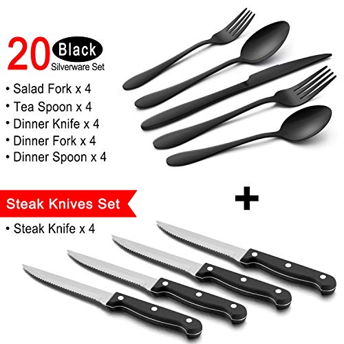 LIANYU 24Piece Black Silverware Set with Steak Knives, Stainless Steel