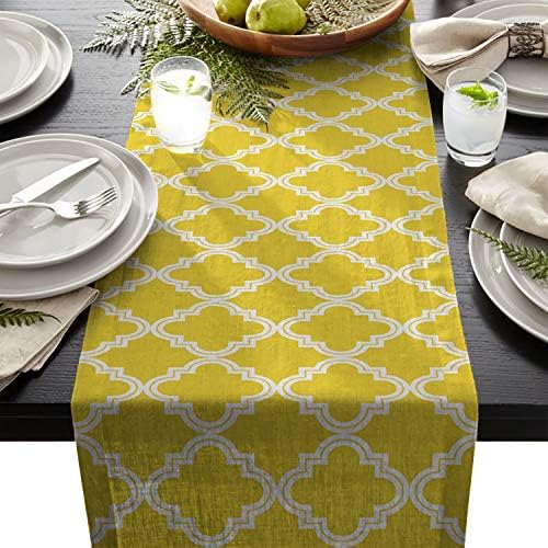 Fandim Fly Classical Geometric Morocco Pattern, Yellow Cotton Table Runner Decorative - Holiday Table Setting Decor Single Layer 13x90inch