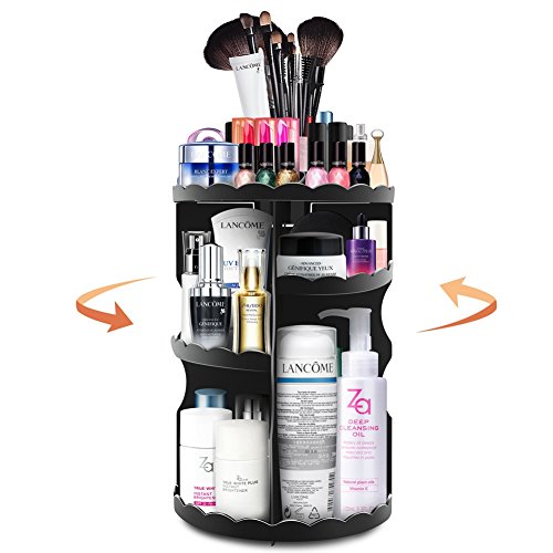 PlusMart Makeup Organizer, Cosmetic Organizer Adjustable,360 Degree Rotating Makeup Organizer Countertop Makeup Storage Box Black Large Capacity for Brushes Toner Creams Lipsticks