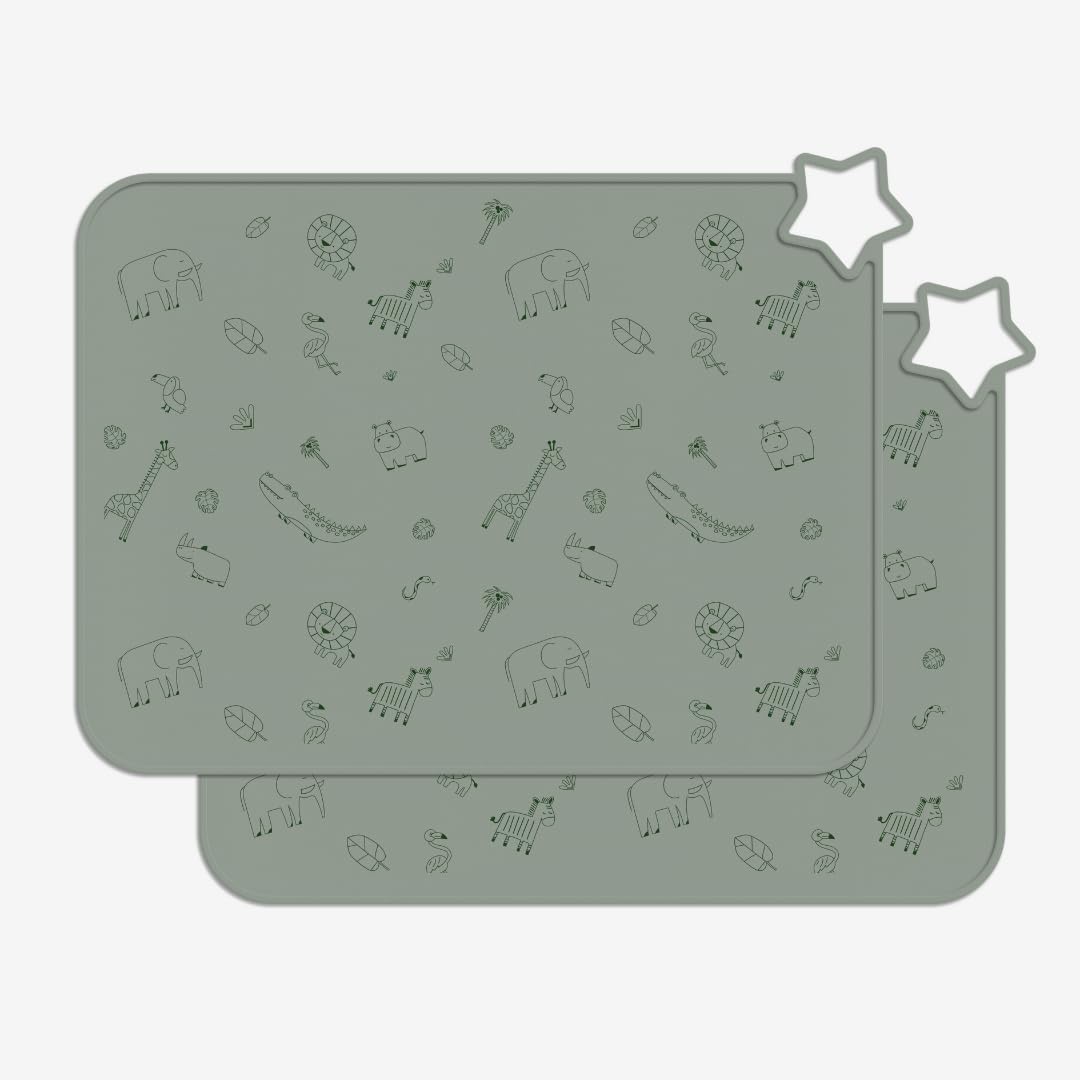 Minifolk Silicone Kids Star Table Mat | Educational Design | Baby Toddler Placemat | Non Slip Mat | Mess free | Dishwasher Safe Heat Safe (2, 2 Thyme Mats)