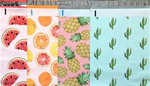 Designer Poly Mailers 10x13 : Watermelon, Citrus, Pink Pineapple, Mint Cactus; Printed Self Sealing Shipping Poly Envelopes Bag (40 Mix Variety Pack #7)