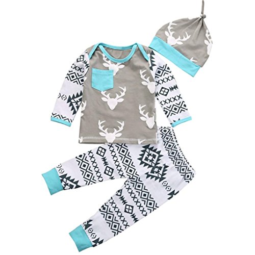 JPOQW(TM) 3PCS Newborn Baby Girl Boy Christmas Deer Romper with Pant And Hat Outfit (18 Months, Gray)