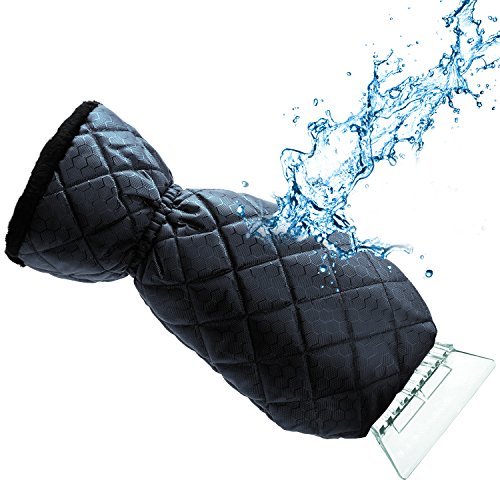 Ice Scraper Mitt For Car Windshield Snow Scrapers with Waterproof Glove Lined of Thick Fleece + Carry Pouch (Black)
