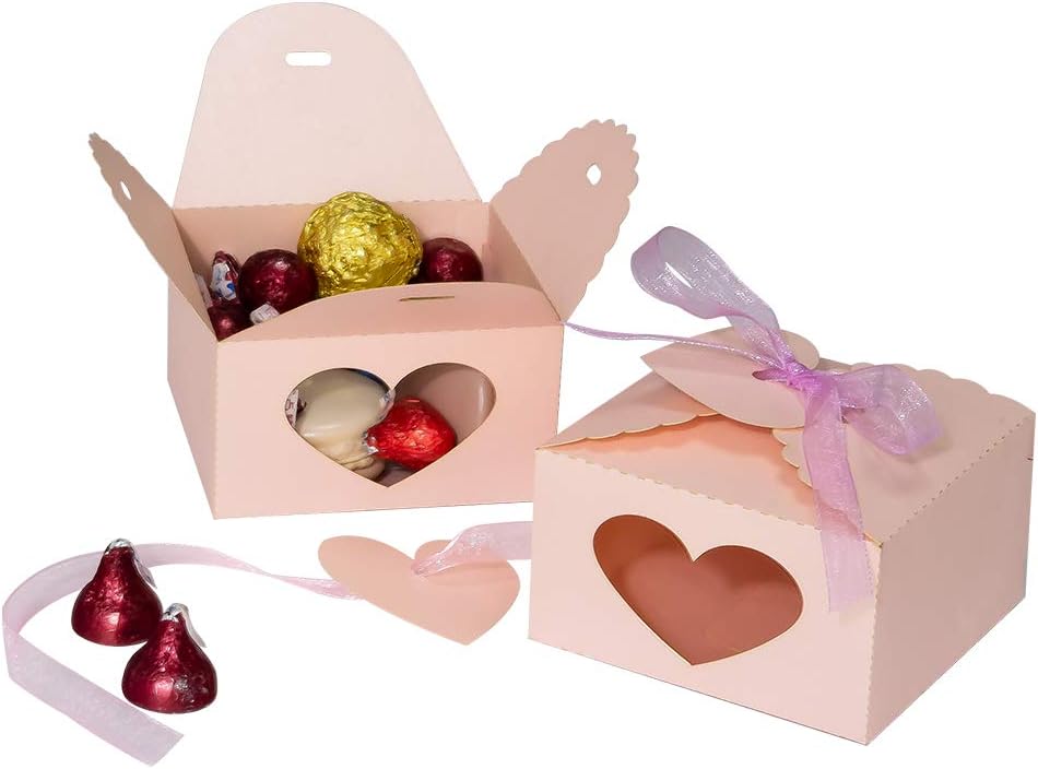 Wedding Party Candy Favor Boxes - 60pcs Laser Cut Heart Favor Treat Gift Box with Ribbon and Heart Tag Paper Favor Boxes for Wedding, Engagement, Bridal Shower, Party, Anniversary Decors (Pink)