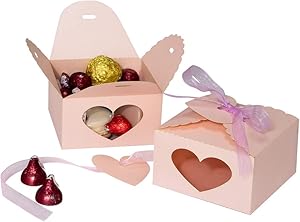 Wedding Party Candy Favor Boxes - 60pcs Laser Cut Heart Favor Treat Gift Box with Ribbon and Heart Tag Paper Favor Boxes for Wedding, Engagement, Bridal Shower, Party, Anniversary Decors (Pink)