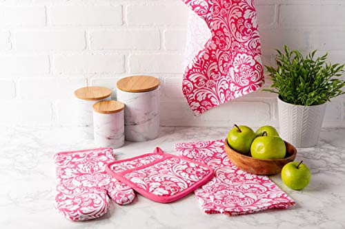 DII-Cotton-Damask-Oven-Mitt-12-x-65-and-Pot-Holder-85-x-8-Kitchen-Gift-Set-Machine-Washable-and-Heat-Resistant-for-Cooking-and-Baking-Pink