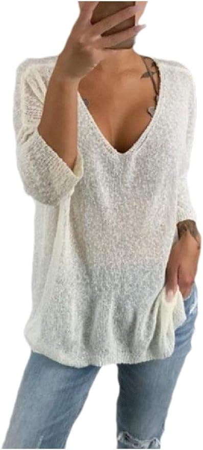 Energywd レディースロングスリーブ ソリッドカラーv ネック カジュアルプルオーバー ニットシャツ Off White L セーター 通販 Amazon