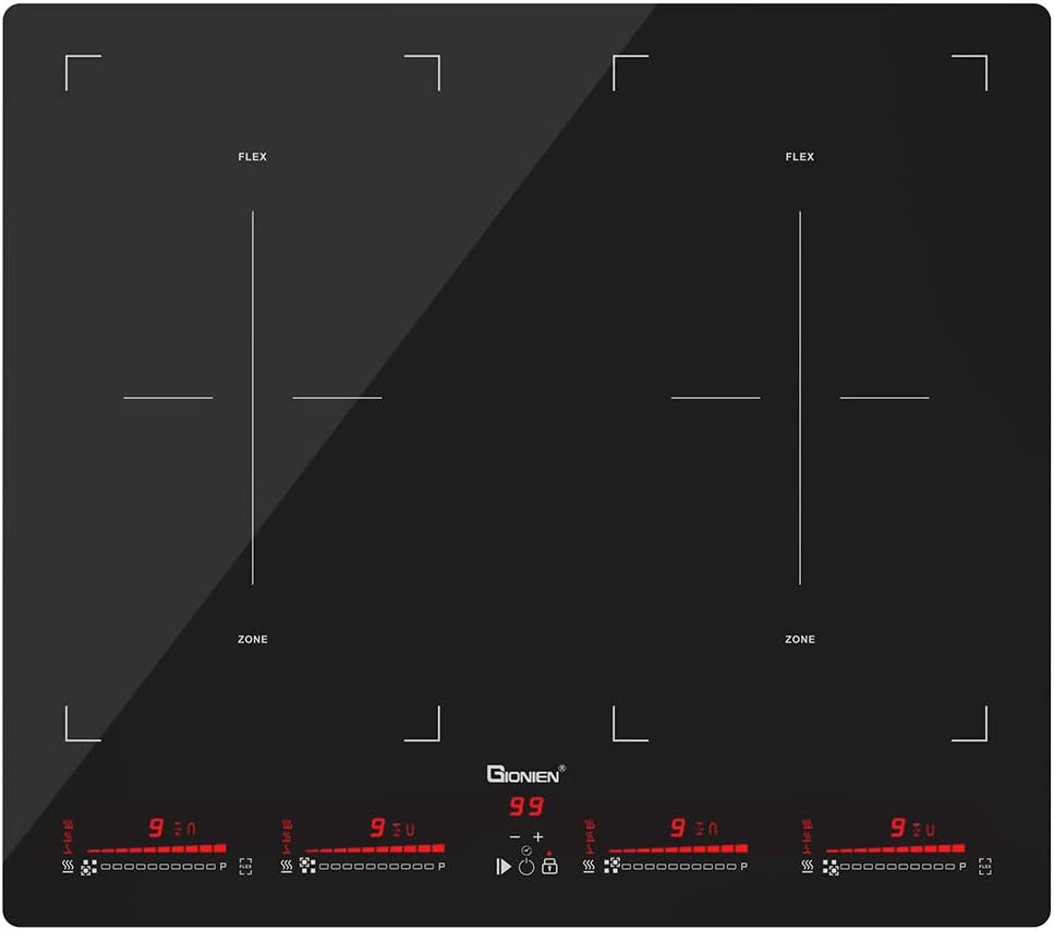 GIONIEN Induktionskochfelder mit Flexzonen, 60cm Einbau elektrische Kochfelder, 4 Kochzonen Induktionskochplatte, Touch-Bedienung, Flex Zone-Technologie, 7200W 32A GITS724FIS