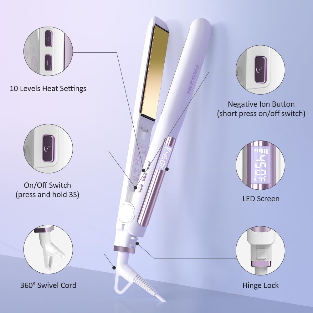 Faszin Hair Straightener, Fast Heat Titanium Flat Iron with Negative Ions to Create Sleek Style, 2 in 1 Straightener and Curler Dual Voltage Styling Tool for Professional Salon Straighten/Curl/Wave