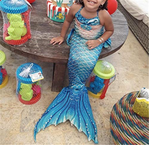Kids Girls Sparkle Mermaid Tail with Monofin Swimmable Swimwear 4pcs Sets for Kids 3~10Years (120 (6-8 Years), Diamond Blue)