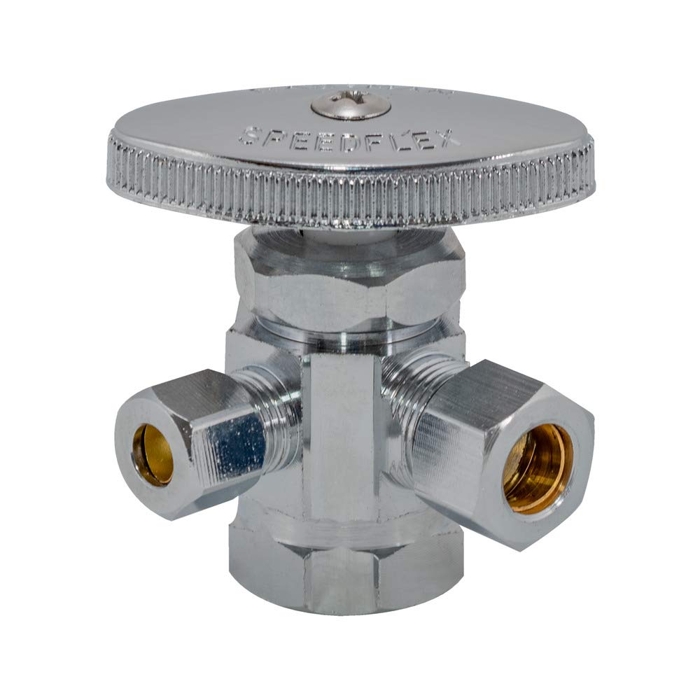 Photo 1 of Eastman Multi-Turn Dual Outlet 3-Way Shut-Off Valve, 1/2 Inch FIP x 3/8 Inch OD Compression x 1/4 Inch OD Compression, Chrome Plated, 04320LF