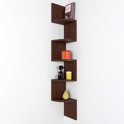Ebee Zigzag Corner Wall Mount Shelf Unit (Walnut Finish, Brown)