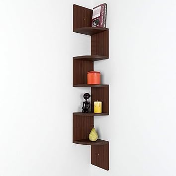 Ebee Zigzag Corner Wall Mount Shelf Unit (Walnut Finish, Brown)