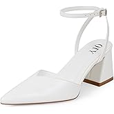 QIY Closed Toe Heels for Women Ankle Strap Pointed Toe Slingback Chunky Low Heels Womens Pumps Wedding Dress Shoes