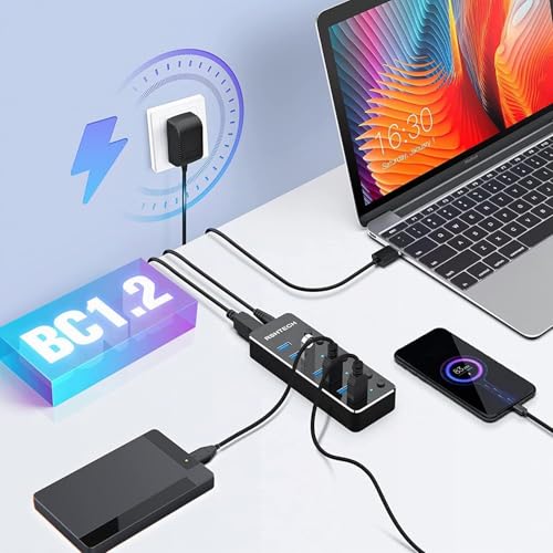 RSHTECH USB 3.0 Hub Powered with 10W Power Supply USB 3.0 Hub 7 Ports Aluminium Distributor USB 3.0 Port with 5V/2A Power Adapter and Individual On/Off Switch (RSH-518)