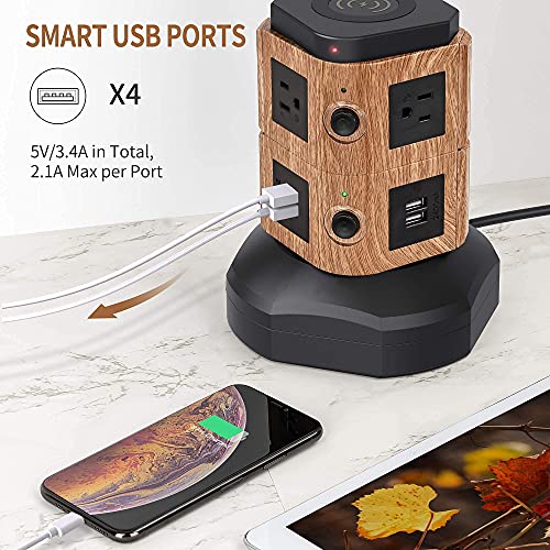 Power Strip Tower Surge Protector with 10W Wireless Charger, 4 USB