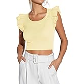 Ezbelle Women's Summer Crop Tank Tops Ruffle Shirts Ribbed Knit Clothes Sexy Sleeveless Tshirt Trendy Vacation Fit Blouse
