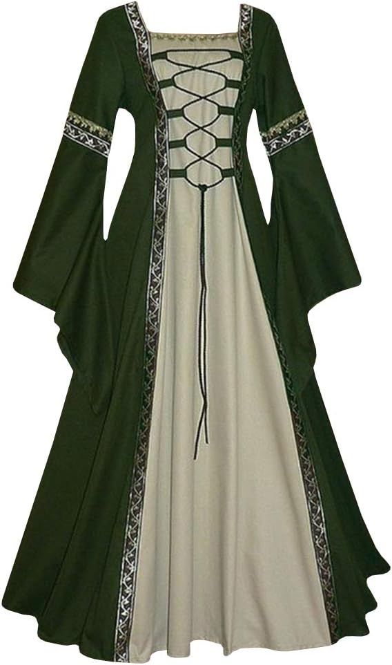 Womens Vintage Dresses Celtic Long Sleeve Medieval Maxi Dresses Renaissance Gothic Cosplay Dress