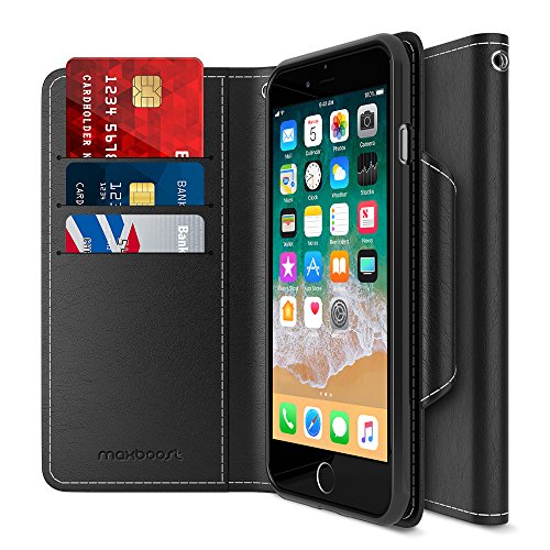 Maxboost iPhone 8 Plus Wallet Case [Folio Style] [Stand Feature] mWallet Apple iPhone 8 Plus (2017) /iPhone 7 Plus [Black] Protective Credit Card Leather Cover [Card Slot+Side Pocket] Magnetic Closure