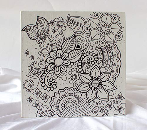 Floral Coloring Canvas For Adults, Stretched primed canvas 8 x 8 Inches