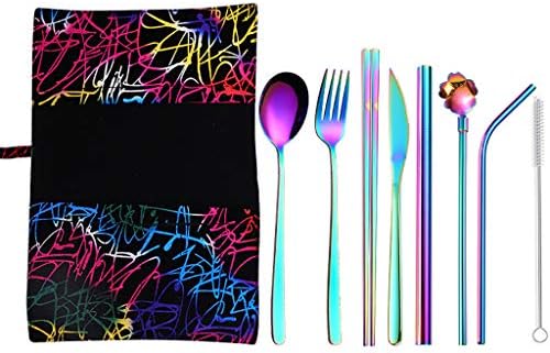 Ouniman 9PCS Stainless Steel Portable Cutlery Set,Fork Spoon Knife Straw Chopsticks Dinnerware Set Lunch Box Travel Tableware Set for Kids Adults School Outdoor Travel Picnic Camping (Multicolor)
