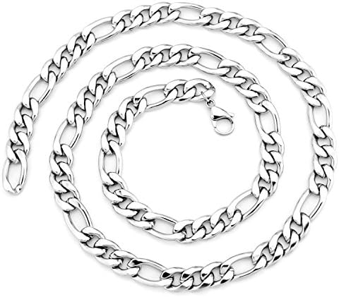 EnM Jewelry Men Women Stainless Steel Solid Figaro Chain Necklace , Silver Color, 11.5mm Wide 22" Long