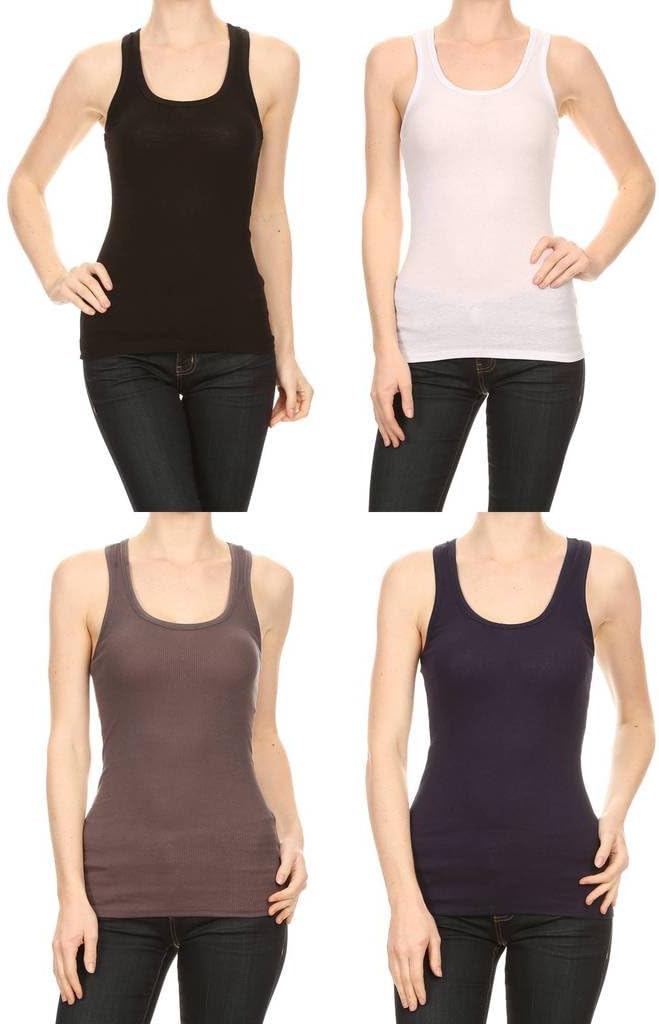 2ND DATE Women's Basic Fine Rib Racerback Tank Top - 4 Pack